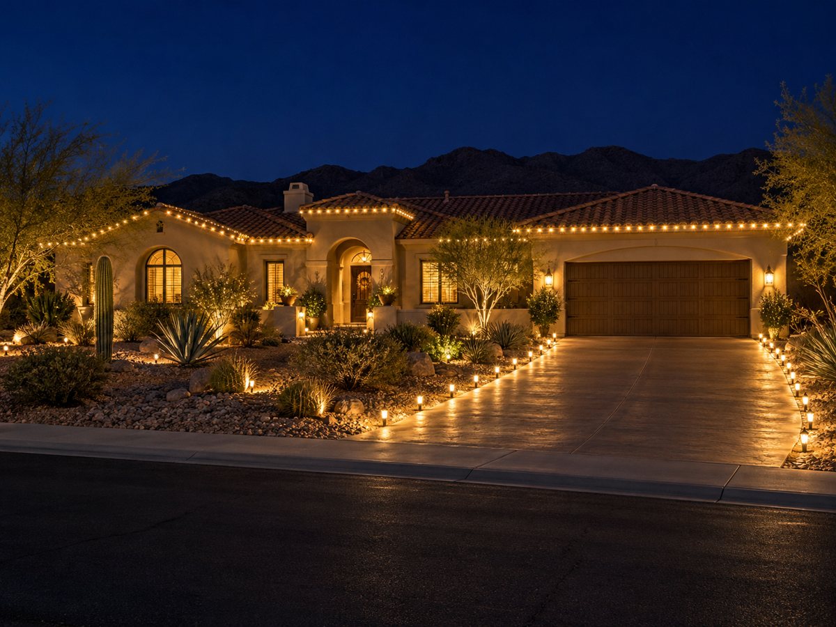 Design preview: warm white roofline and driveway lights