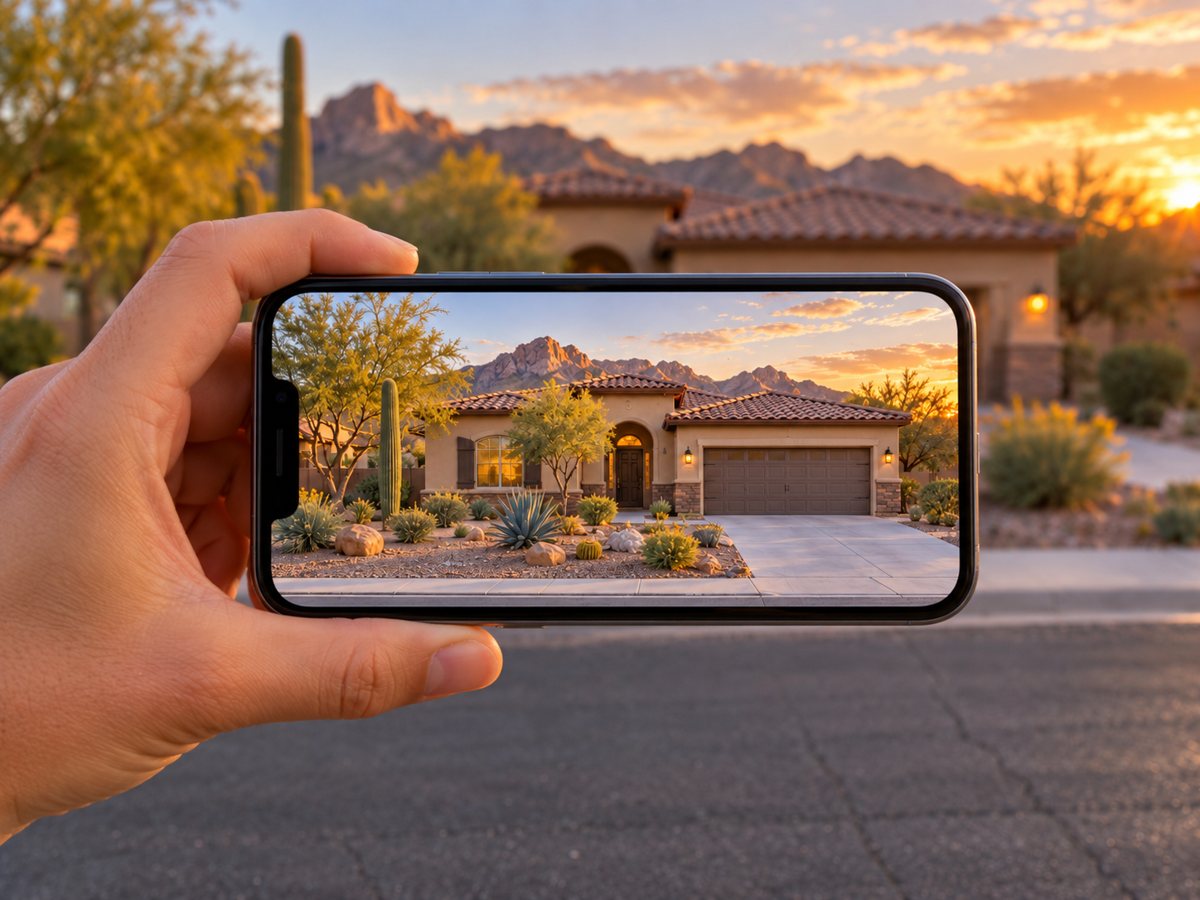 Taking a phone photo of the front of a Tucson home