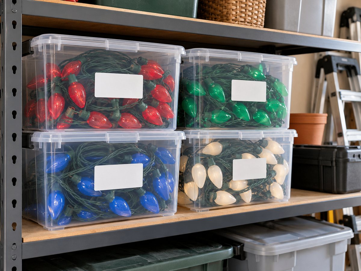 Christmas lights packed in labeled storage bins